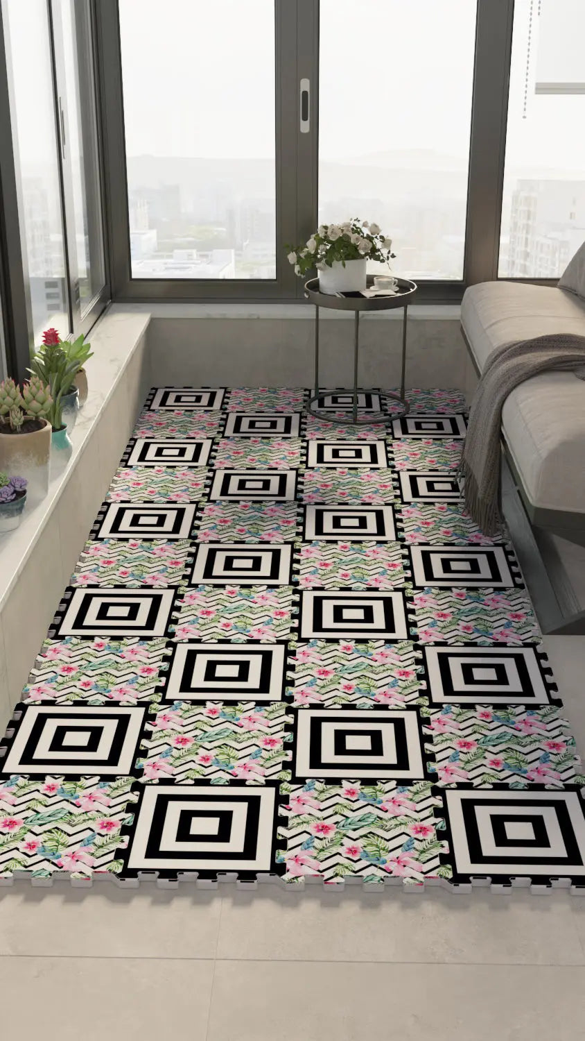 🔳 DECOZEYN Geometrik Kare ve Çiçekli Zigzag Desenli Baskılı Puzzle Zemin Halısı! Siyah, Beyaz, Pembe ve Yeşil Mutfak, Balkon ve Oturma Odası Decozeyn
