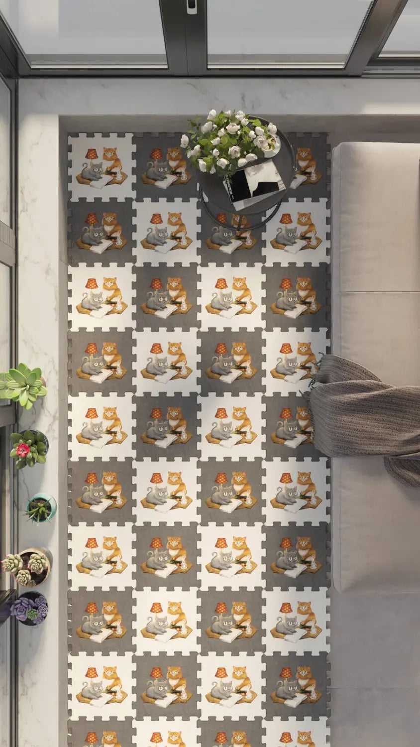 DECOZEYN Şapkalı Kediler ve Pizza Desenli Baskılı Puzzle Zemin Halısı! Gri, Beyaz, Kahverengi ve Turuncu Mutfak, Balkon ve Oturma Odası Decozeyn