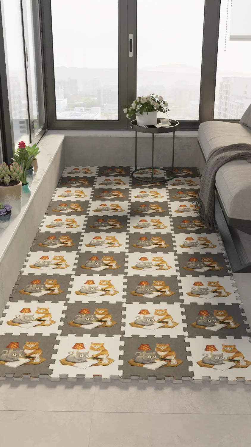 DECOZEYN Şapkalı Kediler ve Pizza Desenli Baskılı Puzzle Zemin Halısı! Gri, Beyaz, Kahverengi ve Turuncu Mutfak, Balkon ve Oturma Odası Decozeyn