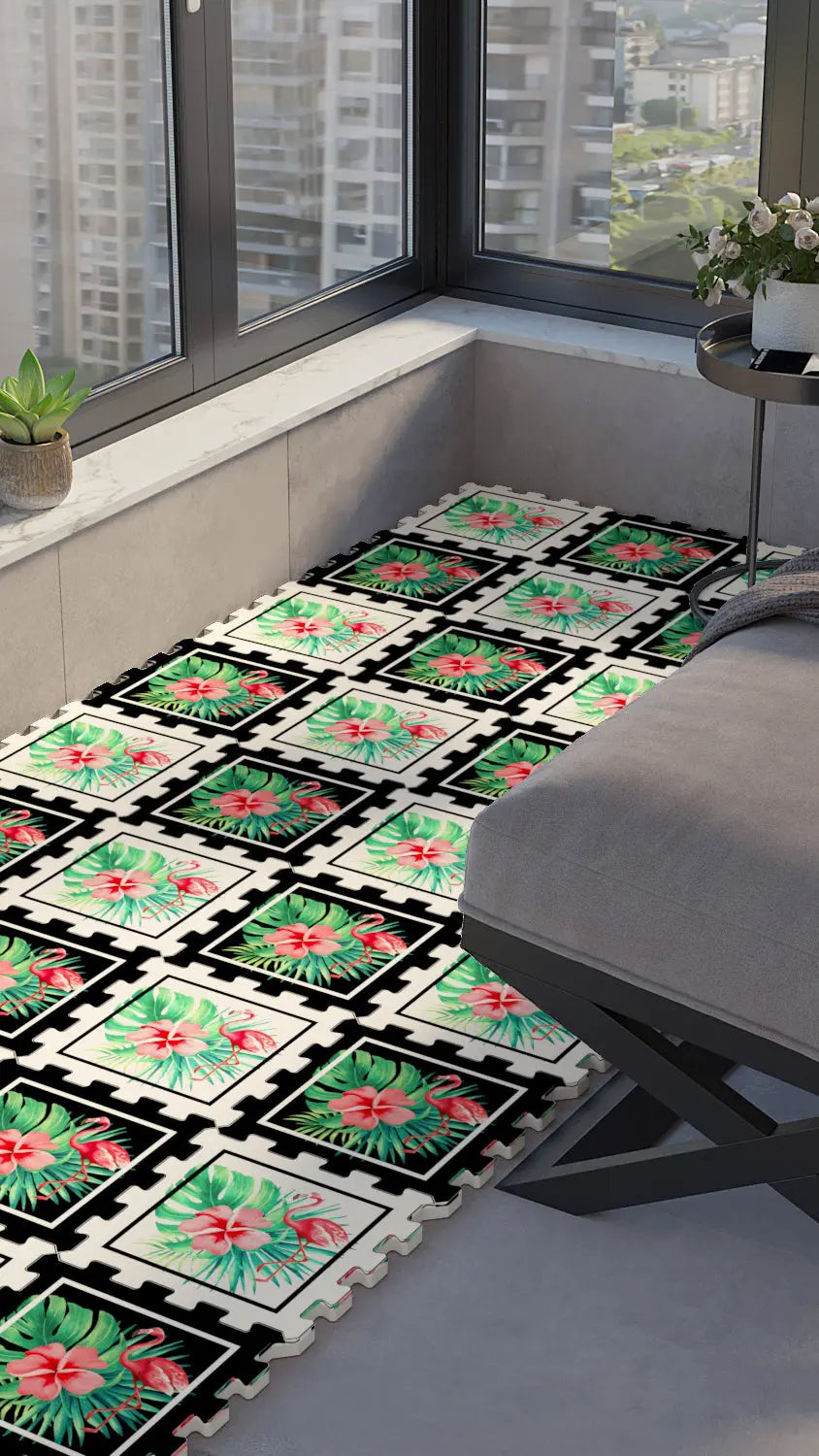 🦩 DECOZEYN Tropikal Flamingo, Yaprak ve Çiçek Desenli Baskılı Puzzle Zemin Halısı! Siyah, Beyaz, Pembe ve Yeşil Mutfak, Balkon ve Oturma Odası Decozeyn
