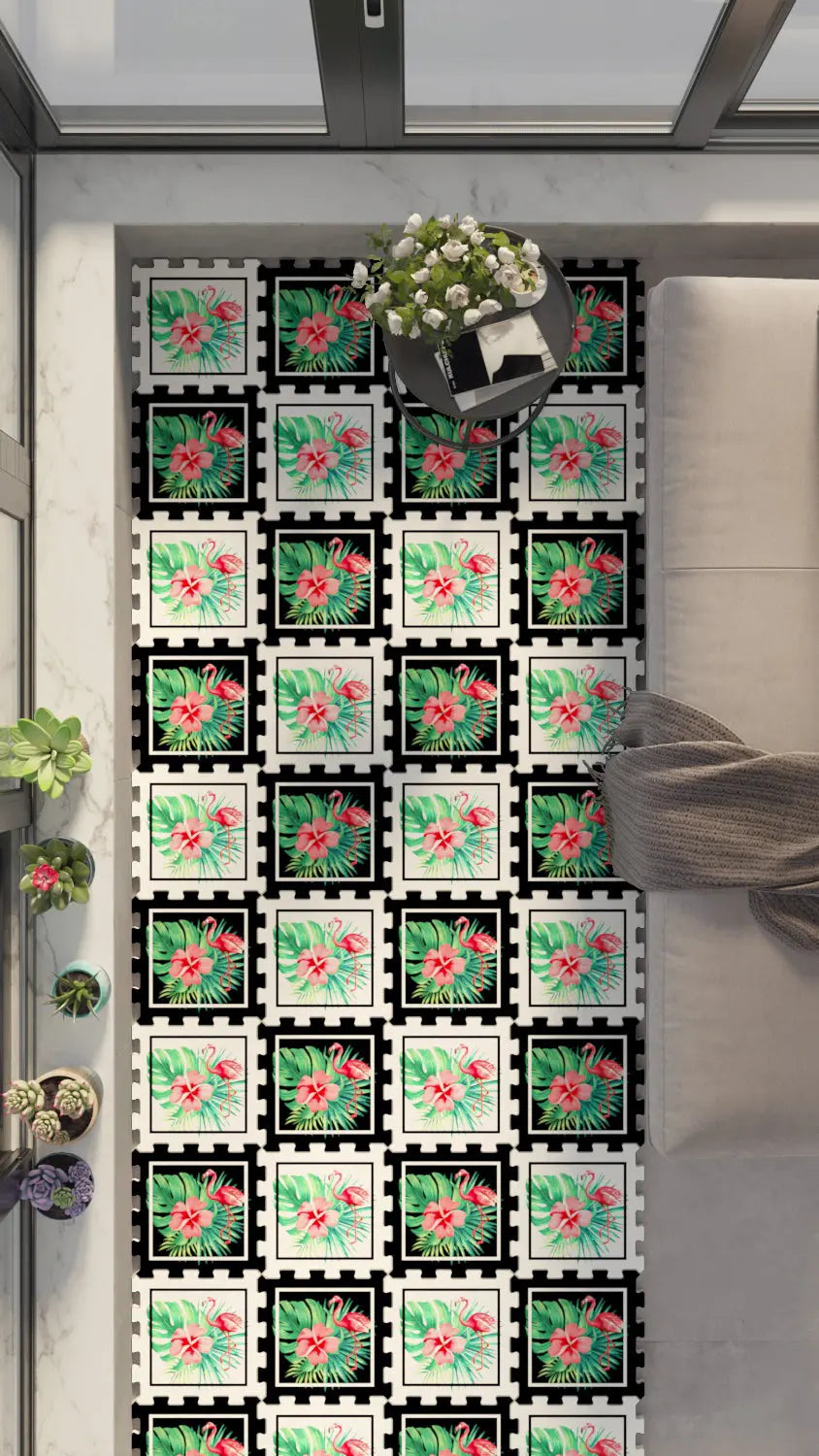 🦩 DECOZEYN Tropikal Flamingo, Yaprak ve Çiçek Desenli Baskılı Puzzle Zemin Halısı! Siyah, Beyaz, Pembe ve Yeşil Mutfak, Balkon ve Oturma Odası Decozeyn