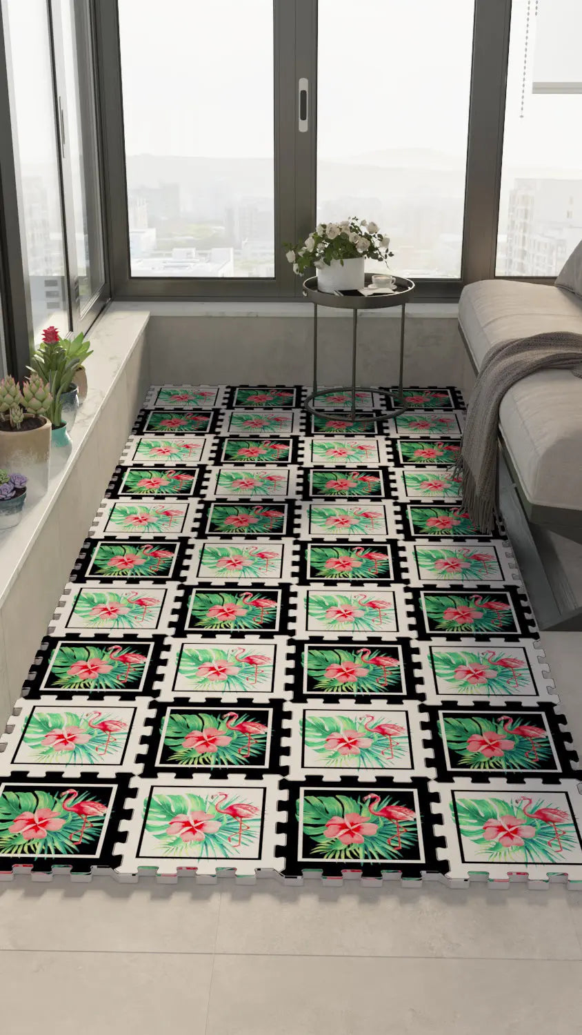 🦩 DECOZEYN Tropikal Flamingo, Yaprak ve Çiçek Desenli Baskılı Puzzle Zemin Halısı! Siyah, Beyaz, Pembe ve Yeşil Mutfak, Balkon ve Oturma Odası Decozeyn