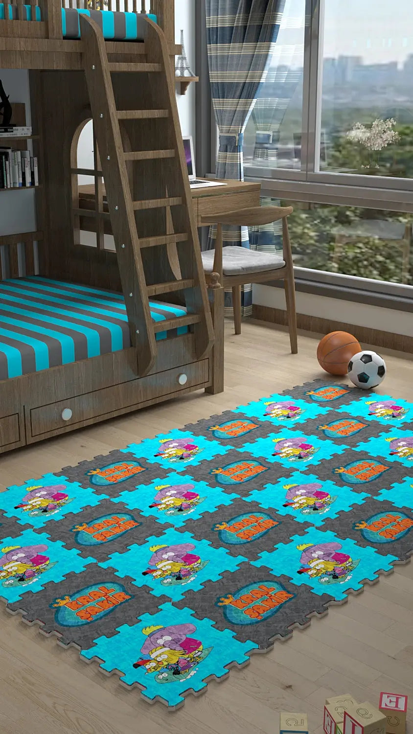 👻 DECOZEYN Çizgi Film Karakterli (Ghostbusters Benzeri) Baskılı Puzzle Yapboz Halı! Turkuaz & Gri Çocuk Odası Decozeyn