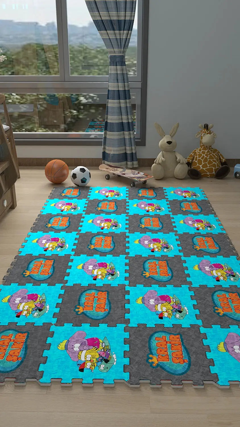 👻 DECOZEYN Çizgi Film Karakterli (Ghostbusters Benzeri) Baskılı Puzzle Yapboz Halı! Turkuaz & Gri Çocuk Odası Decozeyn