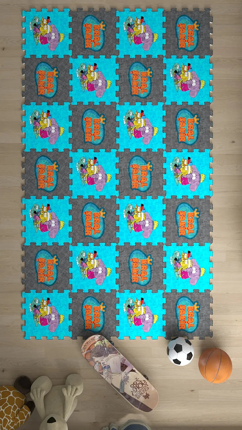 👻 DECOZEYN Çizgi Film Karakterli (Ghostbusters Benzeri) Baskılı Puzzle Yapboz Halı! Turkuaz & Gri Çocuk Odası Decozeyn