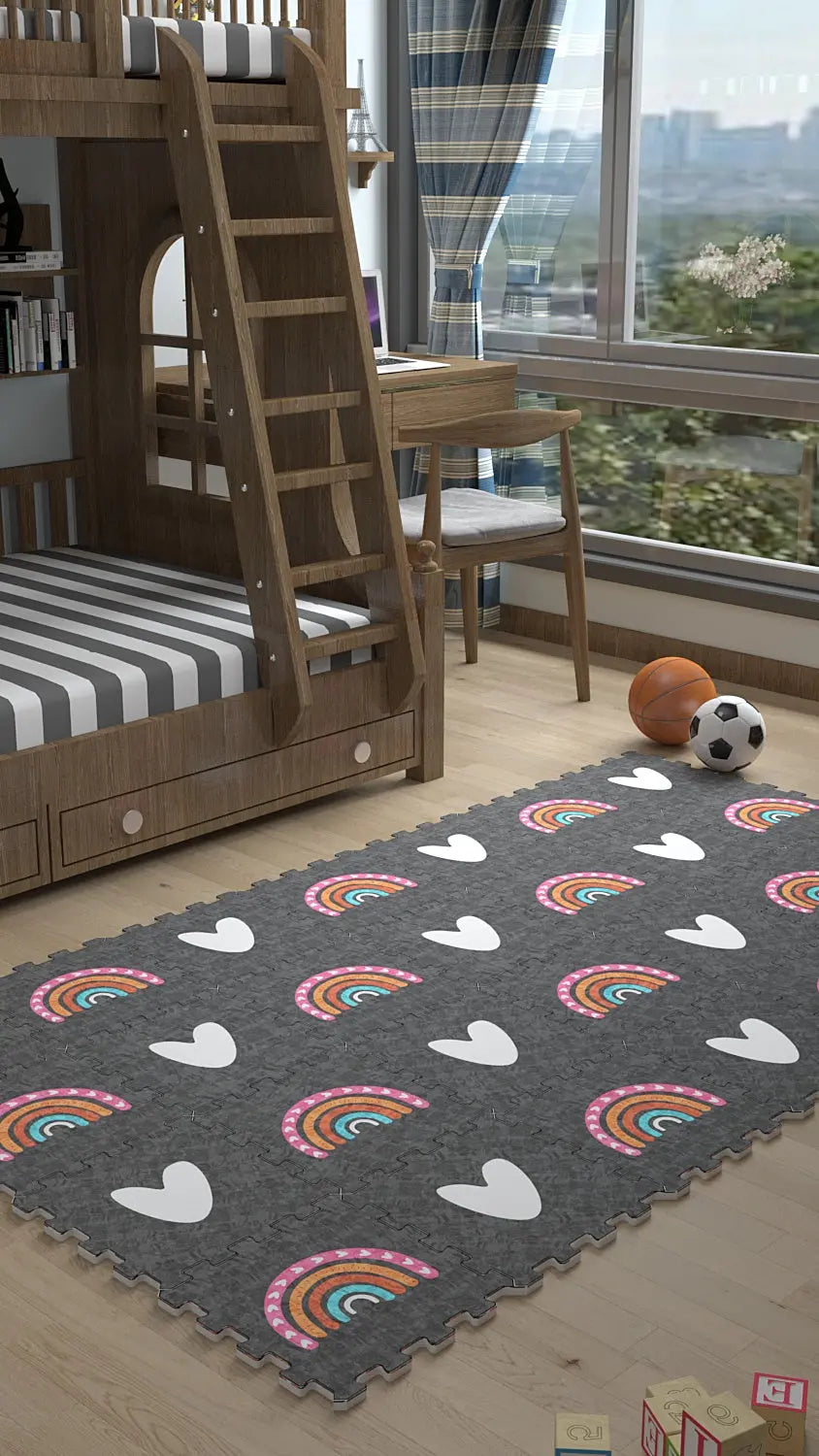 🌈 DECOZEYN Gökkuşağı & Kalp Baskılı Puzzle Yapboz Halı! Gri Zeminli Çocuk Odası Decozeyn