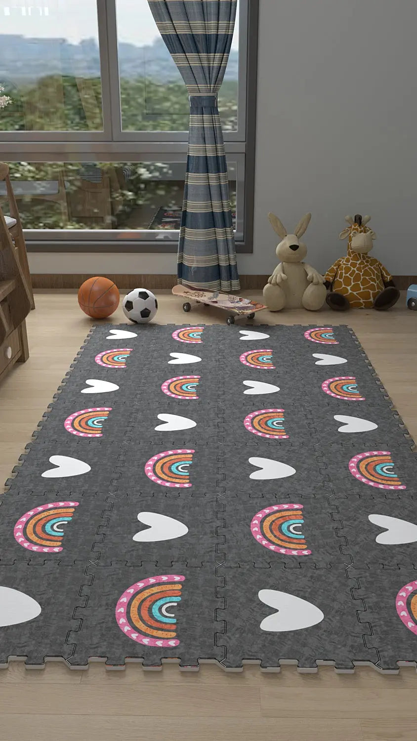 🌈 DECOZEYN Gökkuşağı & Kalp Baskılı Puzzle Yapboz Halı! Gri Zeminli Çocuk Odası Decozeyn