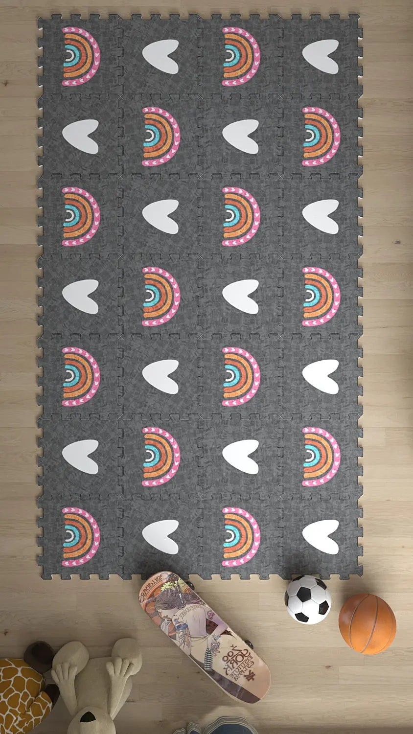 🌈 DECOZEYN Gökkuşağı & Kalp Baskılı Puzzle Yapboz Halı! Gri Zeminli Çocuk Odası Decozeyn