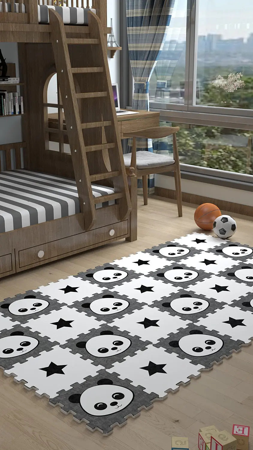 🐼 DECOZEYN Panda & Yıldız Baskılı Puzzle Yapboz Halı! Siyah, Beyaz & Gri Çocuk Odası Decozeyn