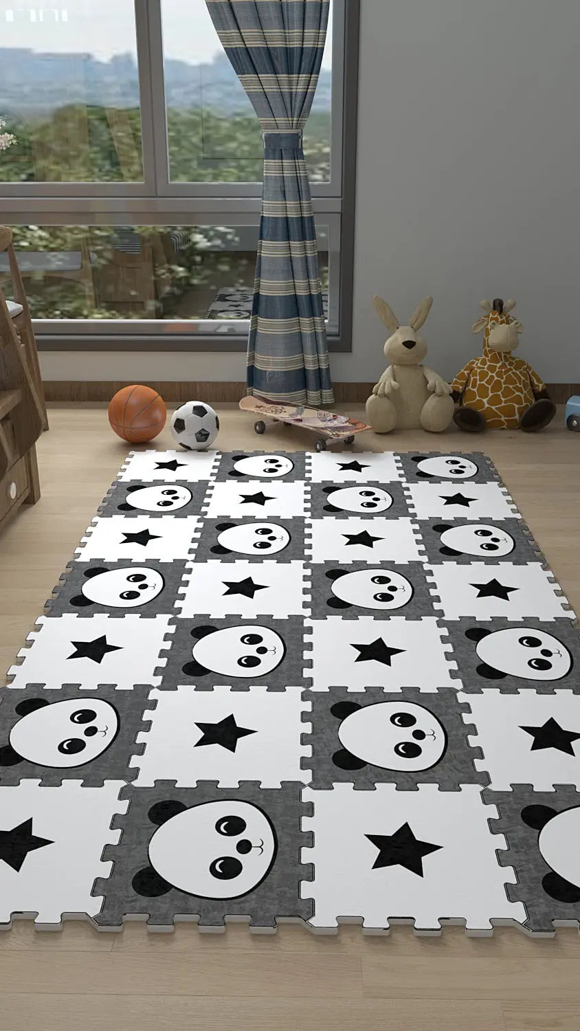 🐼 DECOZEYN Panda & Yıldız Baskılı Puzzle Yapboz Halı! Siyah, Beyaz & Gri Çocuk Odası Decozeyn