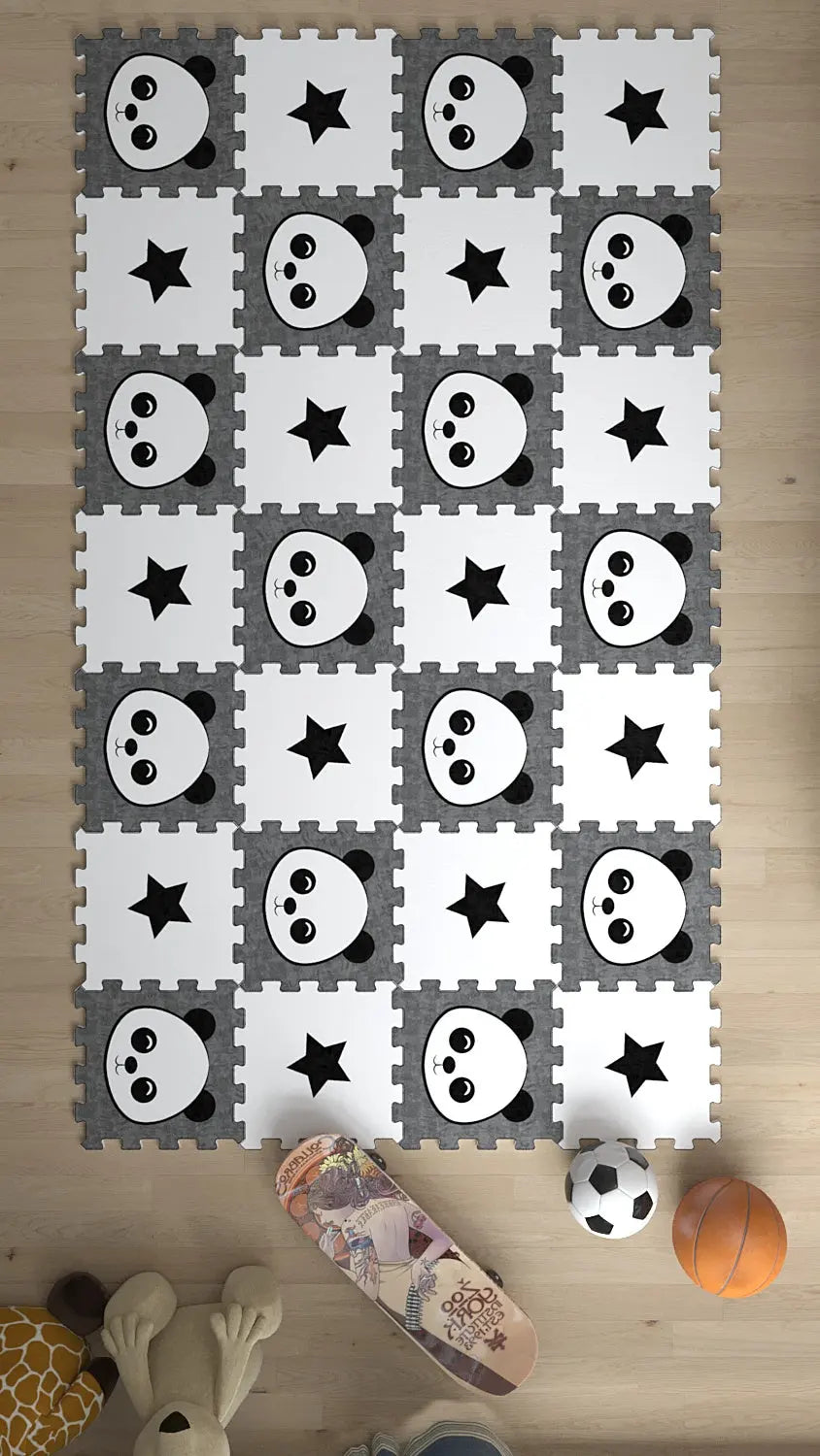 🐼 DECOZEYN Panda & Yıldız Baskılı Puzzle Yapboz Halı! Siyah, Beyaz & Gri Çocuk Odası Decozeyn