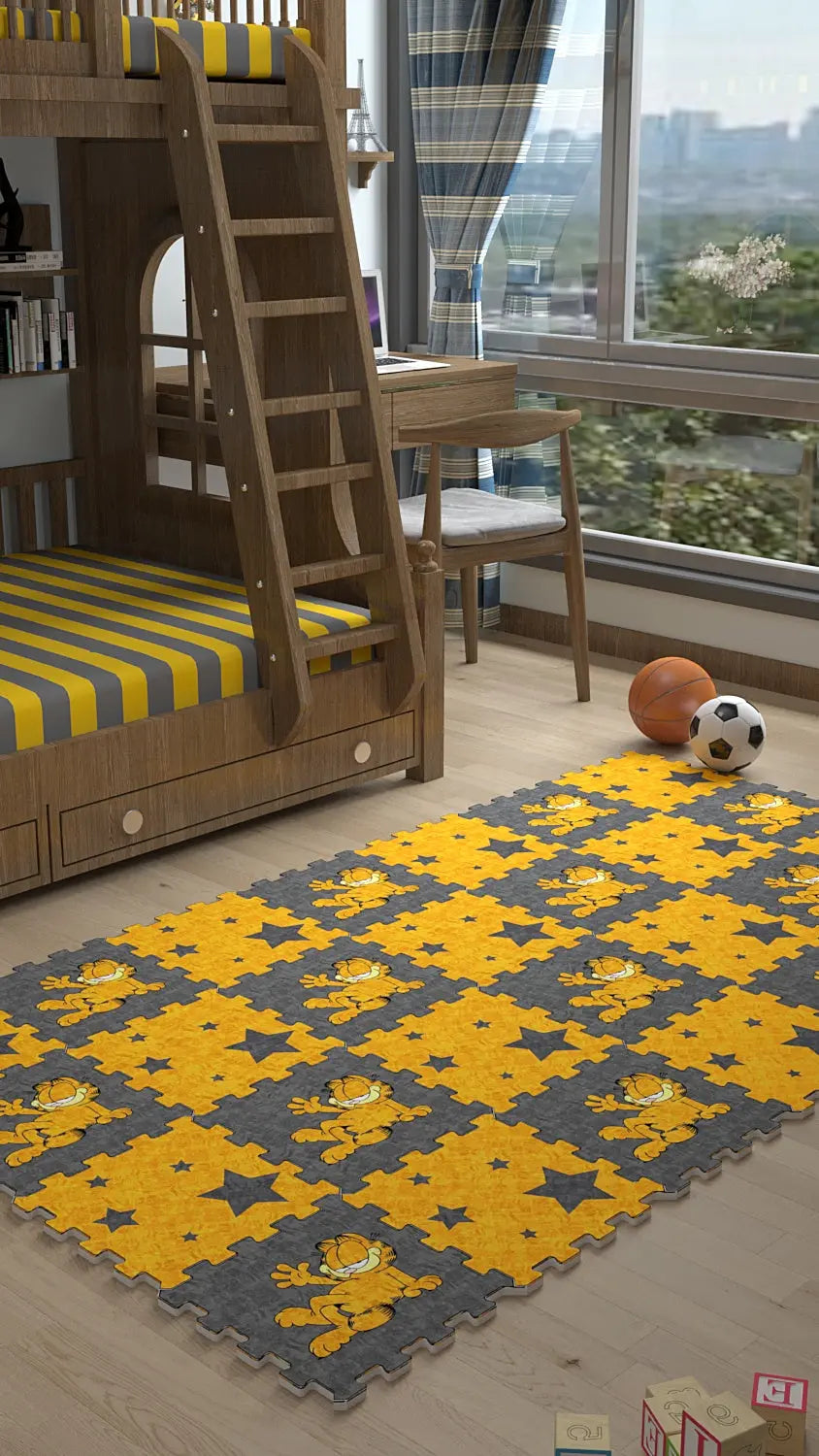 🧡 DECOZEYN Garfield Baskılı Puzzle Yapboz Halı! Sarı & Gri Çocuk Odası Decozeyn