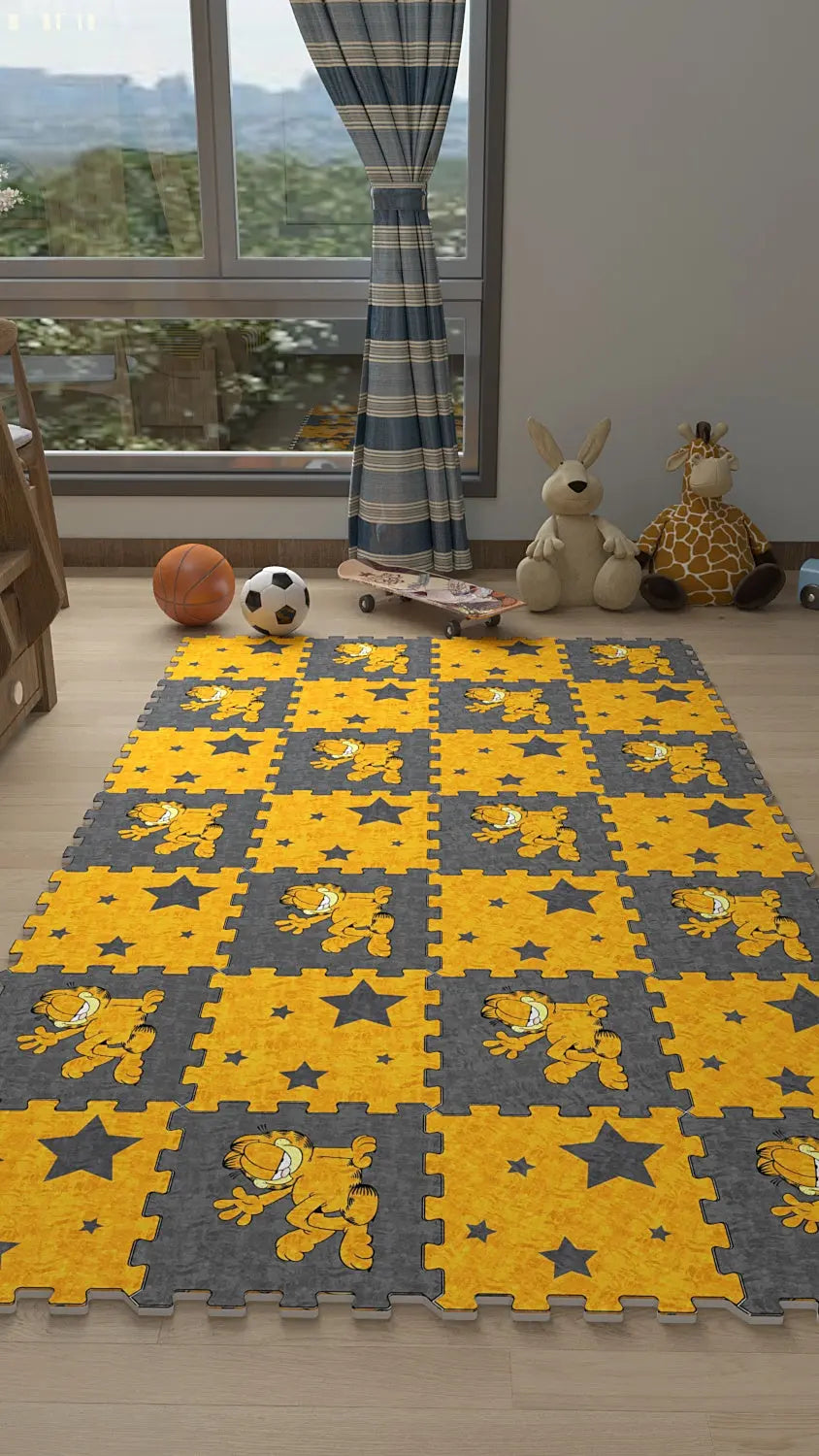 🧡 DECOZEYN Garfield Baskılı Puzzle Yapboz Halı! Sarı & Gri Çocuk Odası Decozeyn