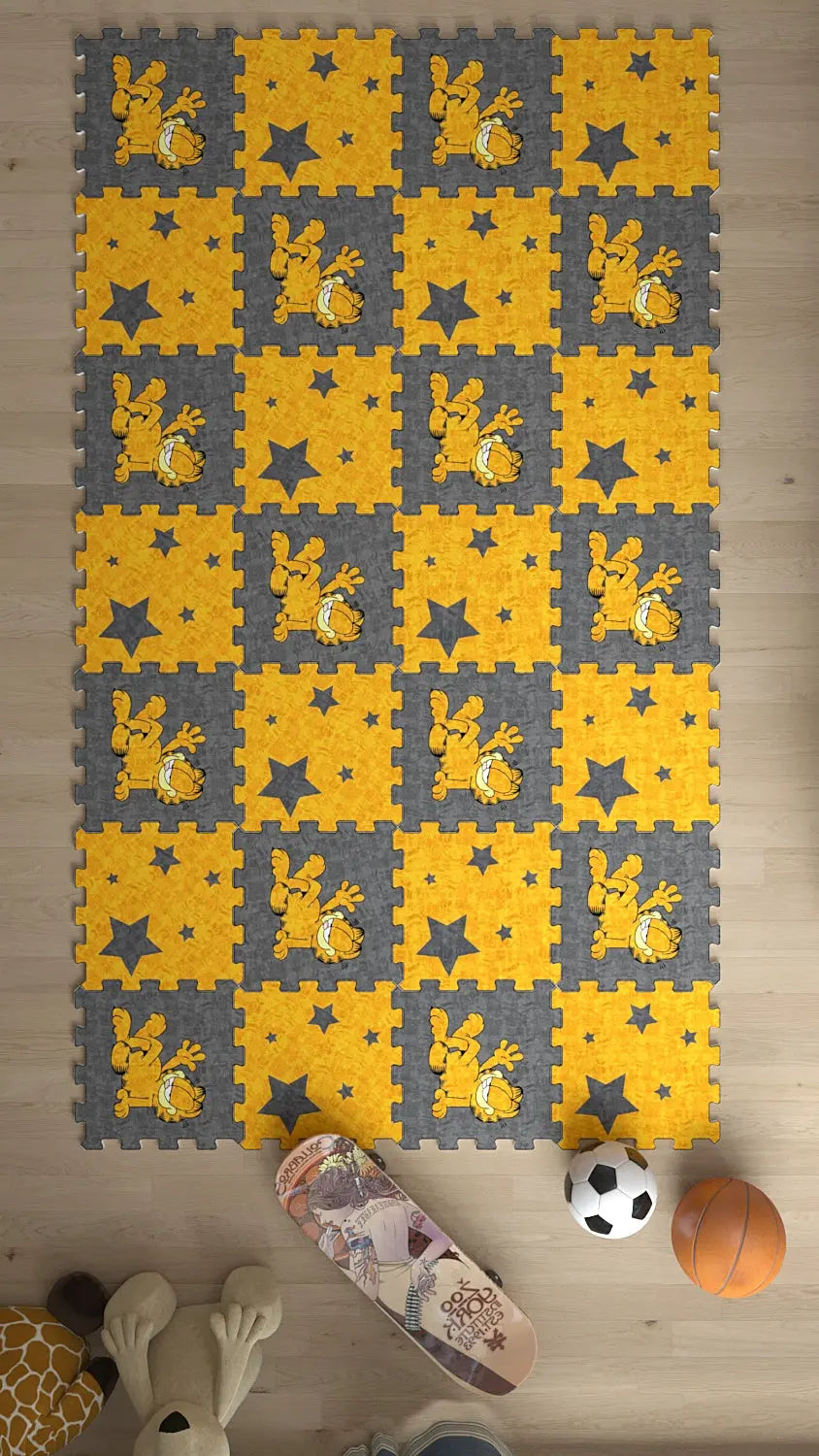 🧡 DECOZEYN Garfield Baskılı Puzzle Yapboz Halı! Sarı & Gri Çocuk Odası Decozeyn