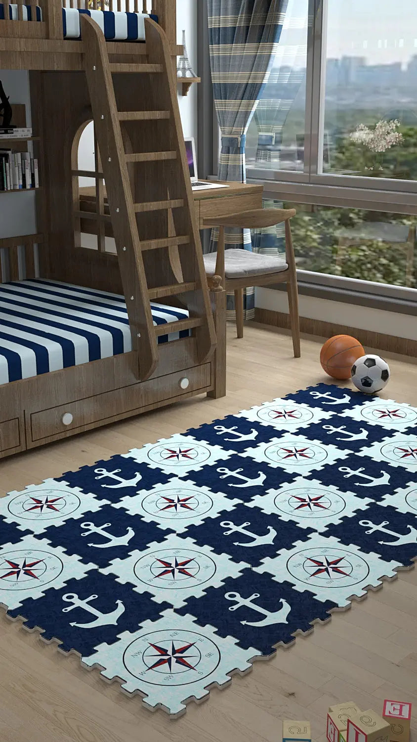 DECOZEYN Çapa ve Pusula Desenli Baskılı Puzzle Yapboz Halı! Lacivert & Beyaz Çocuk Odası Decozeyn