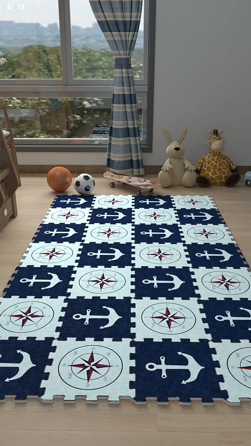 DECOZEYN Çapa ve Pusula Desenli Baskılı Puzzle Yapboz Halı! Lacivert & Beyaz Çocuk Odası Decozeyn