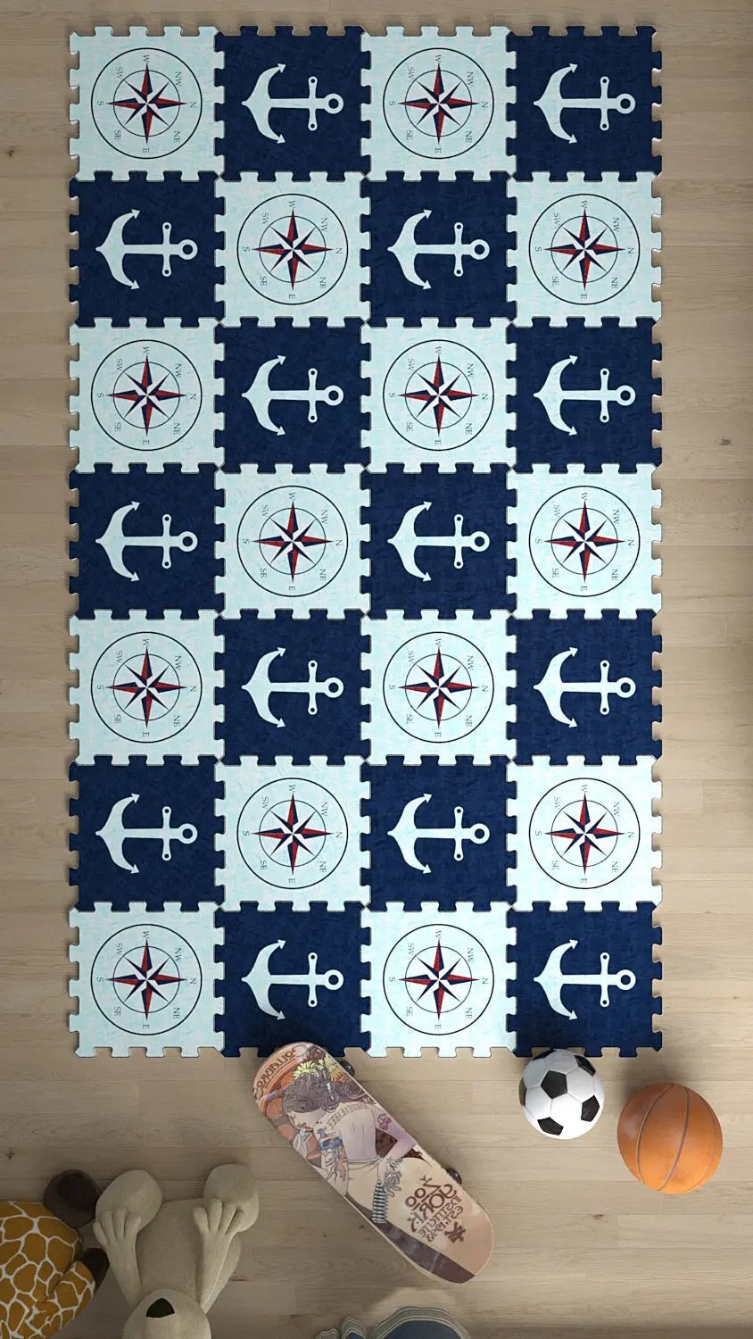 DECOZEYN Çapa ve Pusula Desenli Baskılı Puzzle Yapboz Halı! Lacivert & Beyaz Çocuk Odası Decozeyn