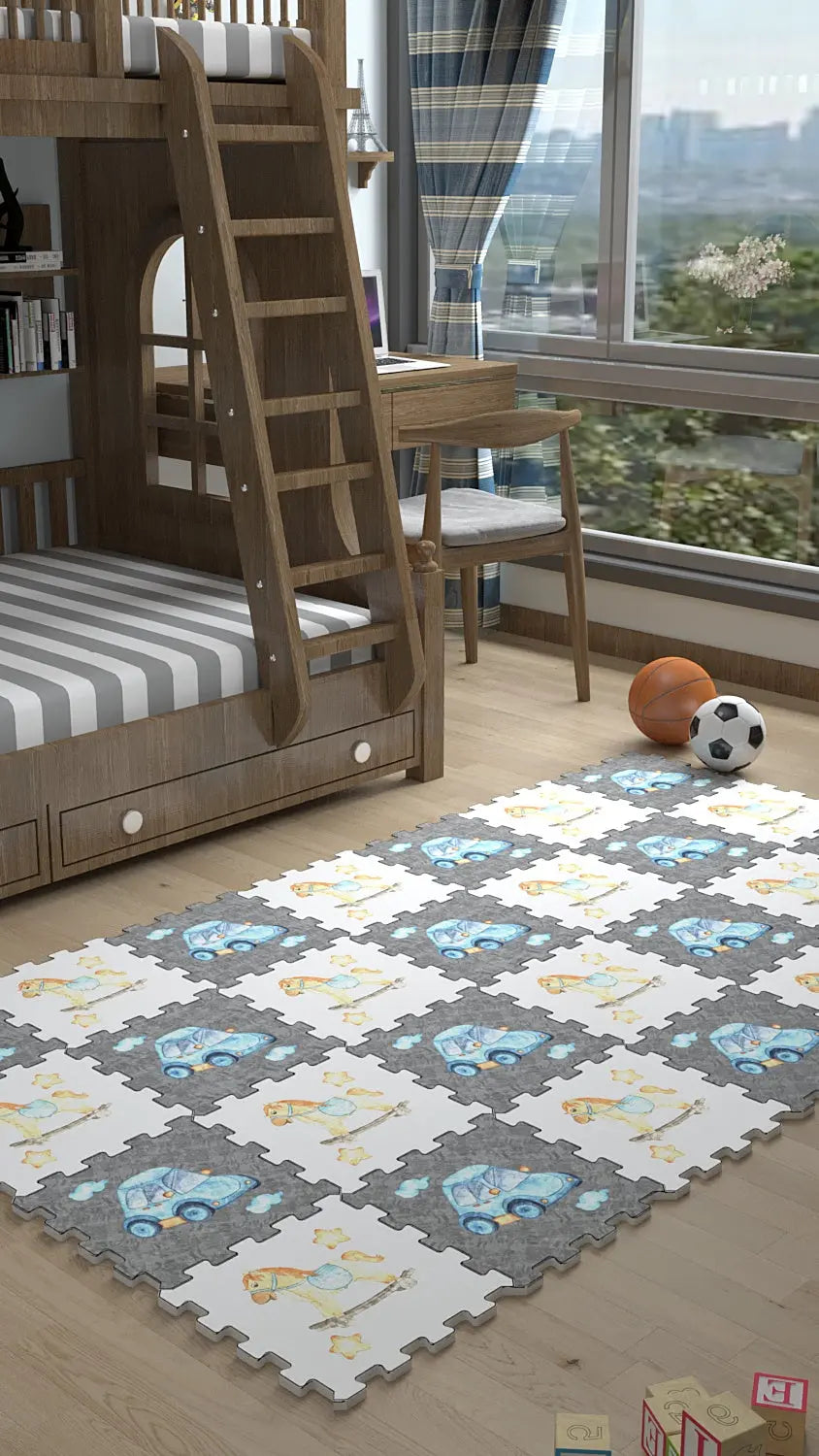 🎨 DECOZEYN Sulu Boya Araba, Oyuncak At ve Yıldız Baskılı Puzzle Yapboz Halı! Gri & Beyaz Çocuk Odası Decozeyn