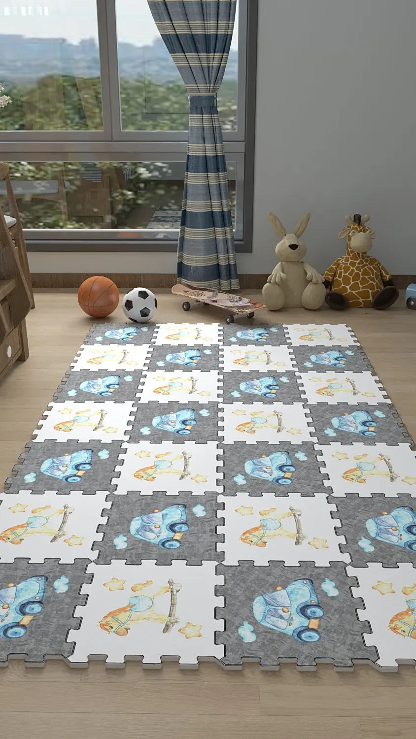 🎨 DECOZEYN Sulu Boya Araba, Oyuncak At ve Yıldız Baskılı Puzzle Yapboz Halı! Gri & Beyaz Çocuk Odası Decozeyn