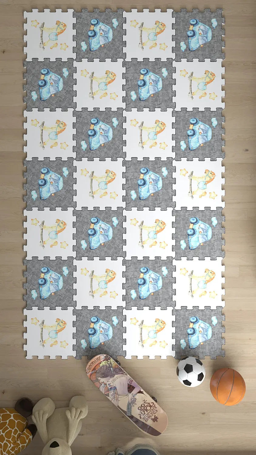 🎨 DECOZEYN Sulu Boya Araba, Oyuncak At ve Yıldız Baskılı Puzzle Yapboz Halı! Gri & Beyaz Çocuk Odası Decozeyn
