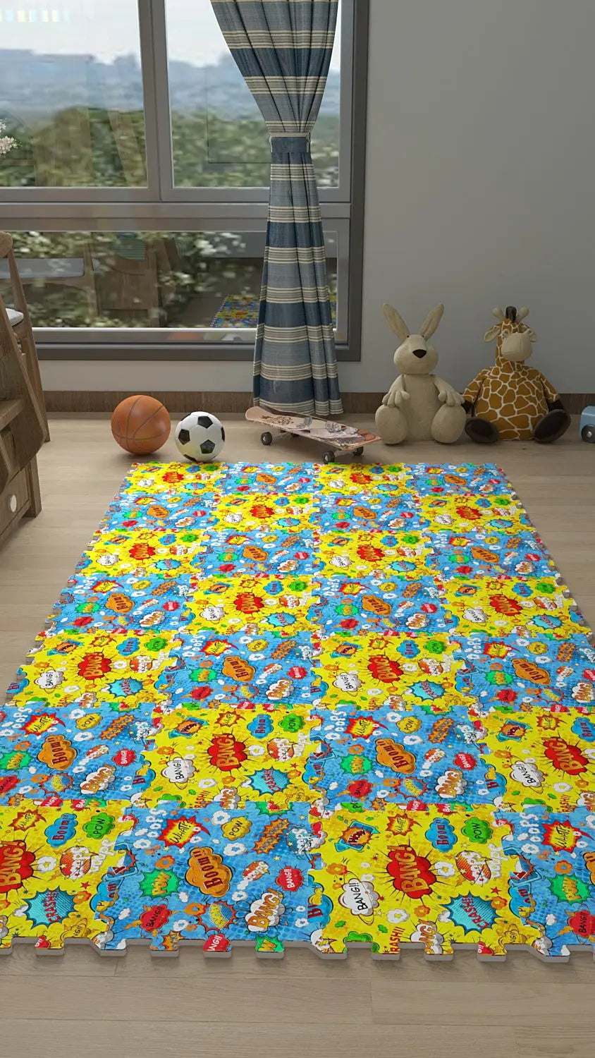 DECOZEYN Çizgi Roman Ses Efektli (BUM!, POW!) Baskılı Puzzle Yapboz Halı! Sarı & Mavi Çocuk Odası Decozeyn