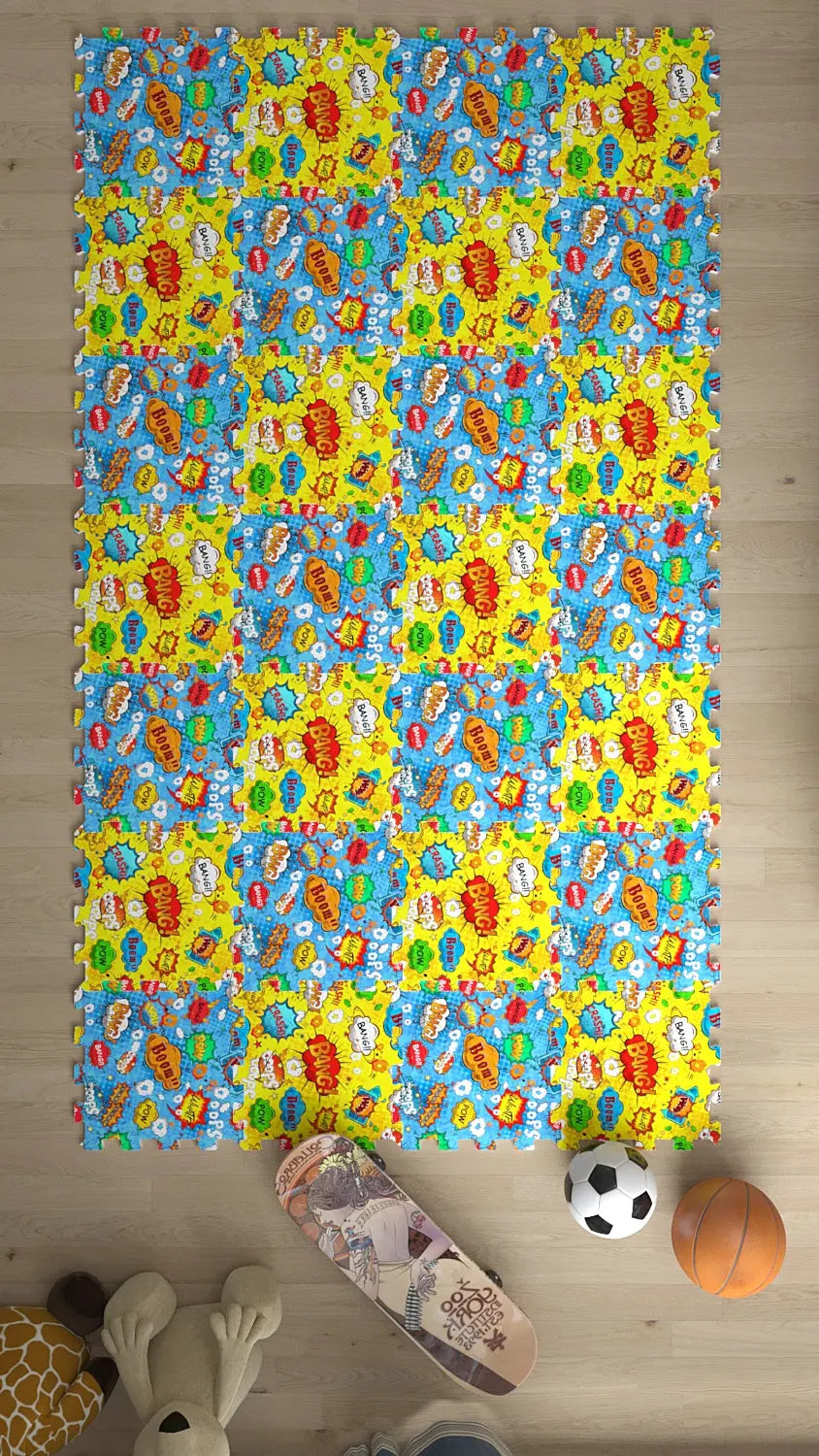 DECOZEYN Çizgi Roman Ses Efektli (BUM!, POW!) Baskılı Puzzle Yapboz Halı! Sarı & Mavi Çocuk Odası Decozeyn