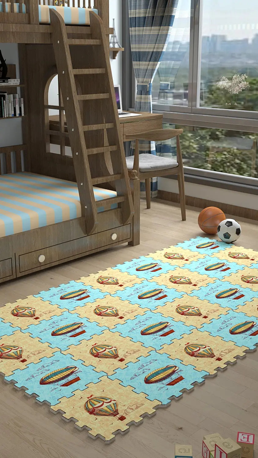 🎈 DECOZEYN Vintage Sıcak Hava Balonu Desenli Baskılı Puzzle Yapboz Halı! Mavi & Bej Çocuk Odası Decozeyn