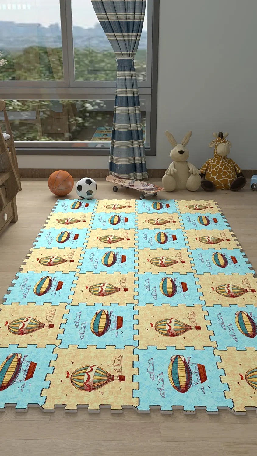 🎈 DECOZEYN Vintage Sıcak Hava Balonu Desenli Baskılı Puzzle Yapboz Halı! Mavi & Bej Çocuk Odası Decozeyn