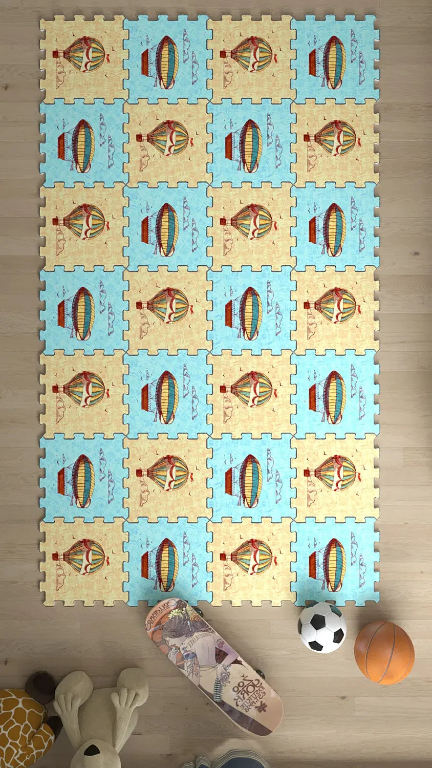 🎈 DECOZEYN Vintage Sıcak Hava Balonu Desenli Baskılı Puzzle Yapboz Halı! Mavi & Bej Çocuk Odası Decozeyn