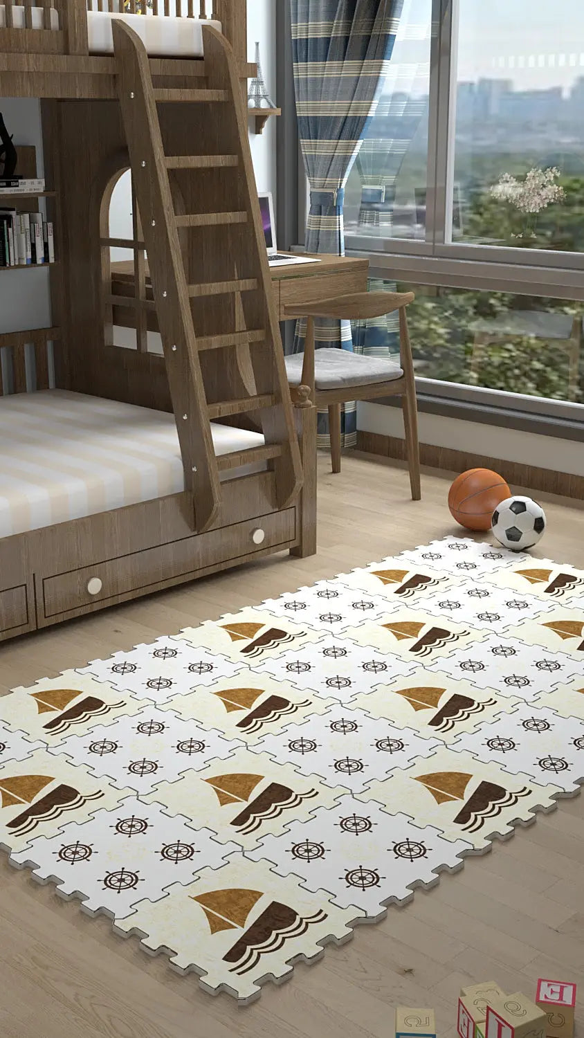 ⛵ DECOZEYN Yelkenli ve Dümen Desenli Baskılı Puzzle Yapboz Halı! Bej & Kahverengi Çocuk Odası Decozeyn