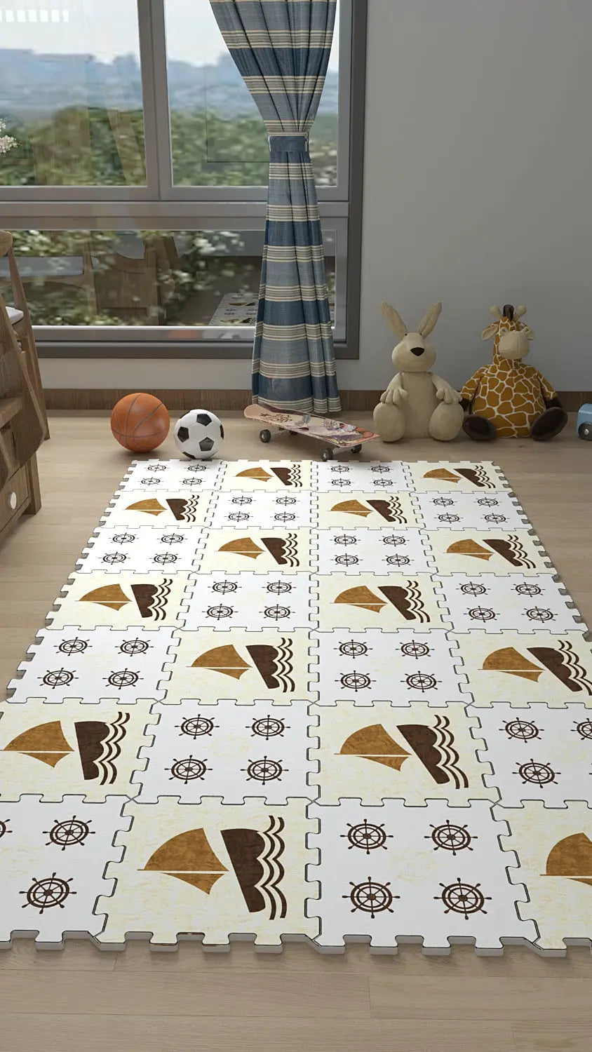 ⛵ DECOZEYN Yelkenli ve Dümen Desenli Baskılı Puzzle Yapboz Halı! Bej & Kahverengi Çocuk Odası Decozeyn