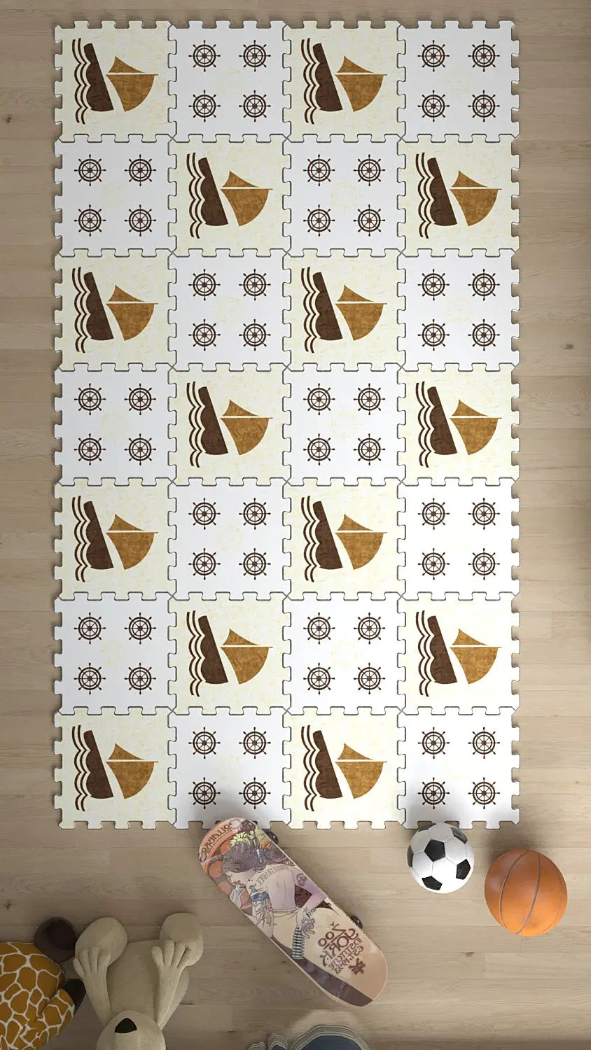 ⛵ DECOZEYN Yelkenli ve Dümen Desenli Baskılı Puzzle Yapboz Halı! Bej & Kahverengi Çocuk Odası Decozeyn