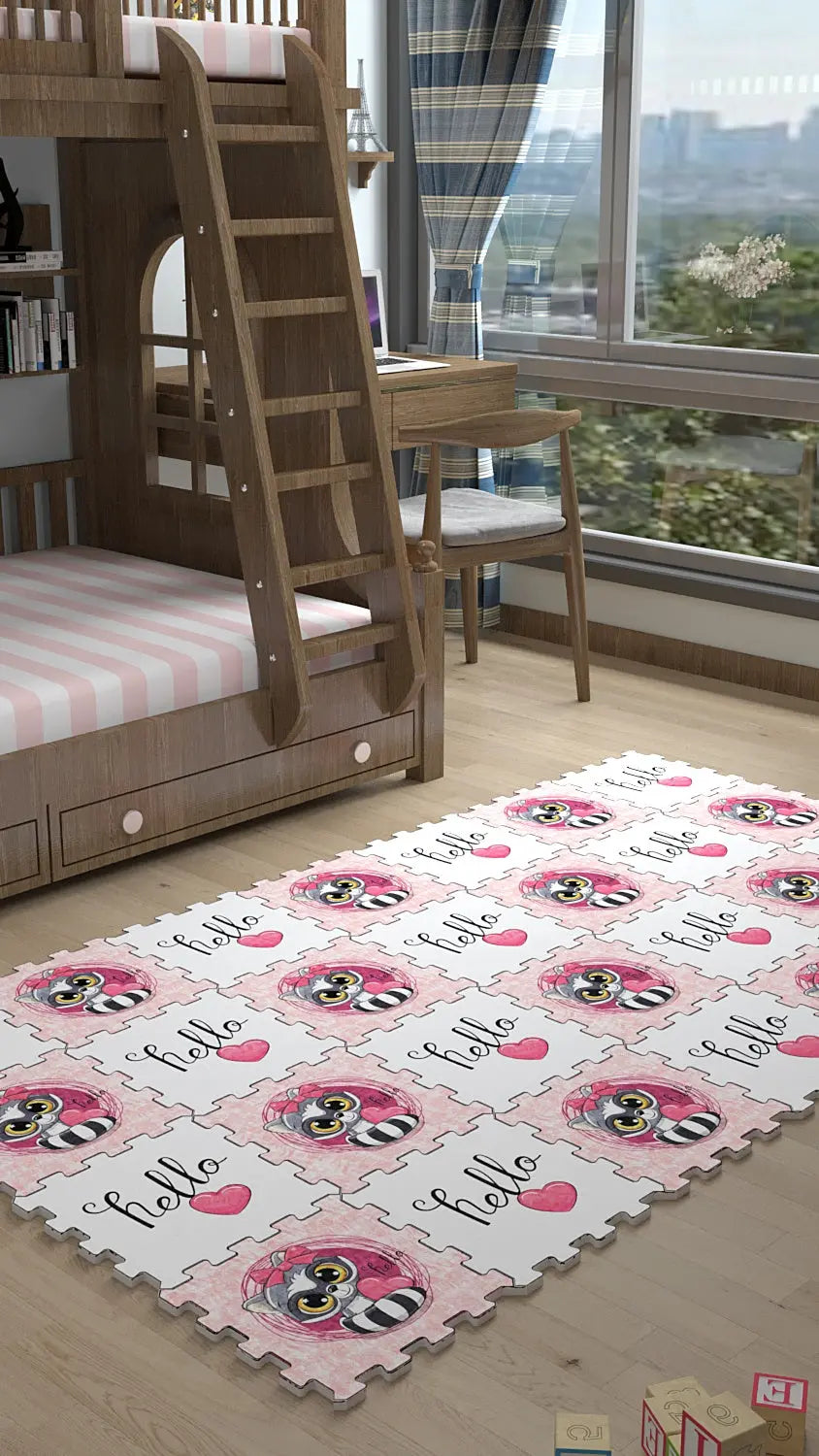💖 DECOZEYN Sevimli Rakun, Kalp ve "Hello" Yazısı Baskılı Puzzle Yapboz Halı! Pembe & Beyaz Çocuk Odası Decozeyn