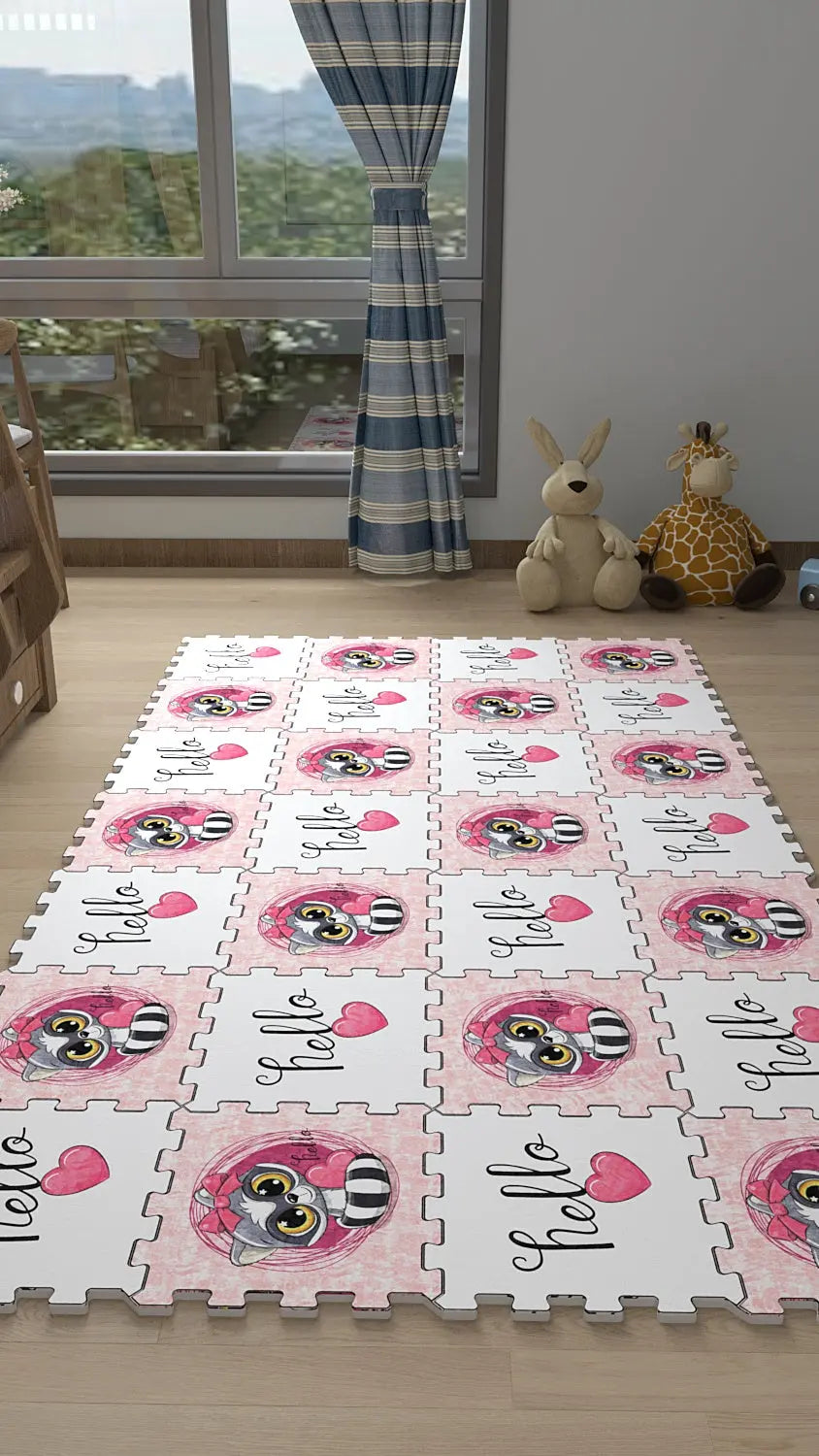 💖 DECOZEYN Sevimli Rakun, Kalp ve "Hello" Yazısı Baskılı Puzzle Yapboz Halı! Pembe & Beyaz Çocuk Odası Decozeyn