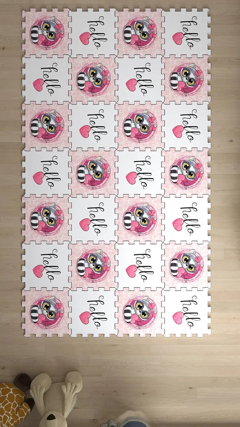 💖 DECOZEYN Sevimli Rakun, Kalp ve "Hello" Yazısı Baskılı Puzzle Yapboz Halı! Pembe & Beyaz Çocuk Odası Decozeyn