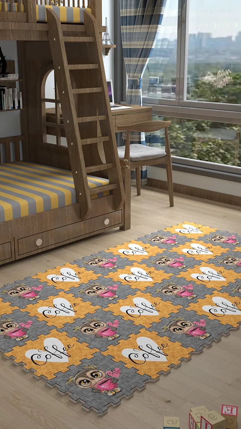 DECOZEYN Sevimli Baykuş ve "Kahve" Kalp Baskılı Puzzle Yapboz Halı! Sarı & Gri Çocuk Odası Decozeyn