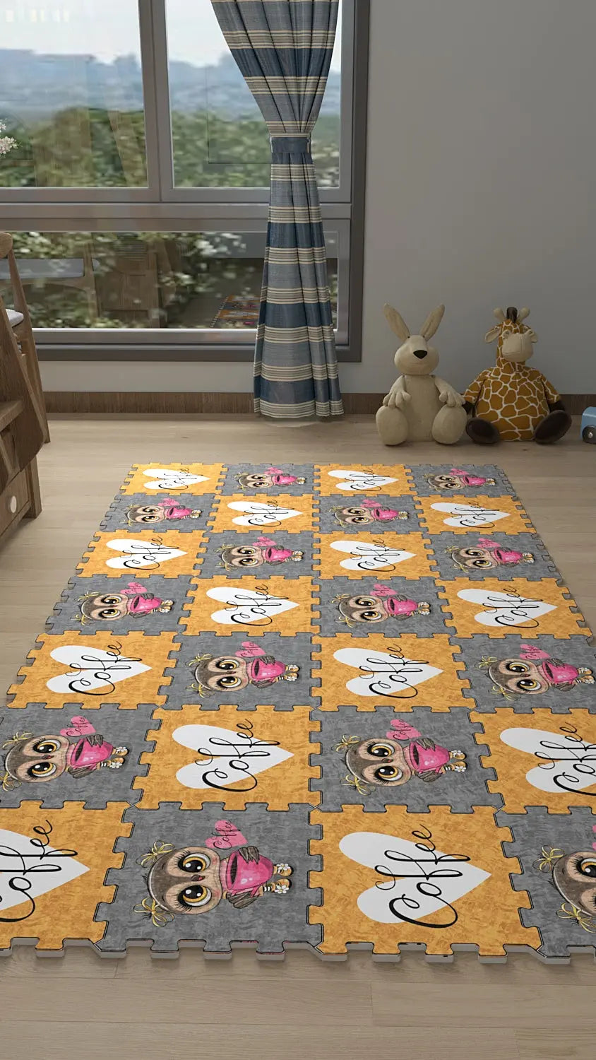DECOZEYN Sevimli Baykuş ve "Kahve" Kalp Baskılı Puzzle Yapboz Halı! Sarı & Gri Çocuk Odası Decozeyn