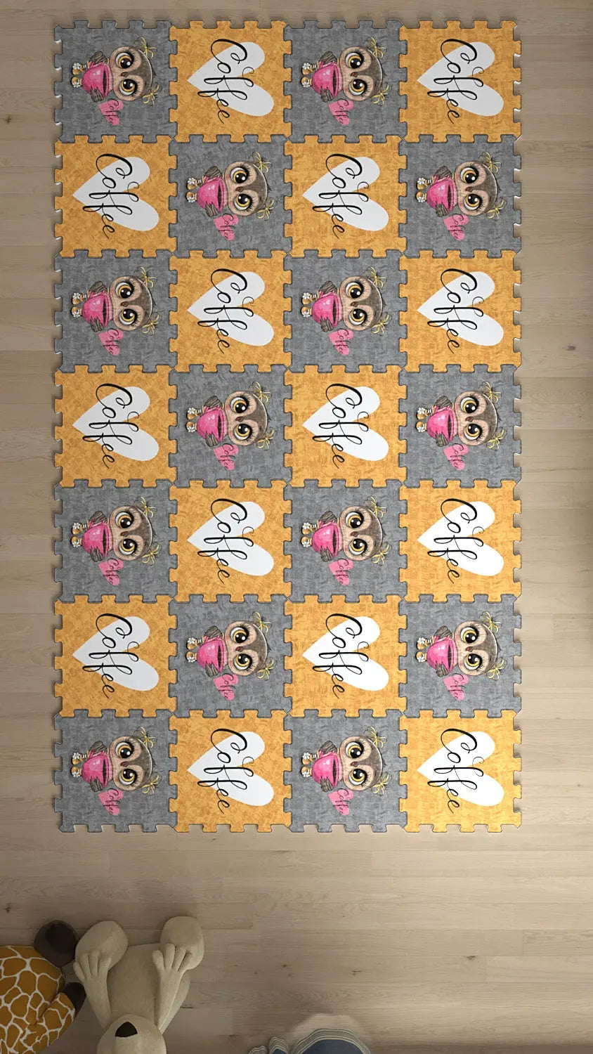 DECOZEYN Sevimli Baykuş ve "Kahve" Kalp Baskılı Puzzle Yapboz Halı! Sarı & Gri Çocuk Odası Decozeyn