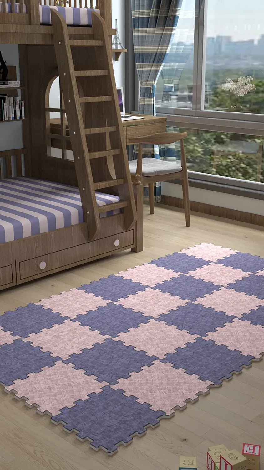 🌸 DECOZEYN Dama Desenli Baskılı Puzzle Yapboz Halı! Gül Kurusu & Mor Çocuk Odası Decozeyn