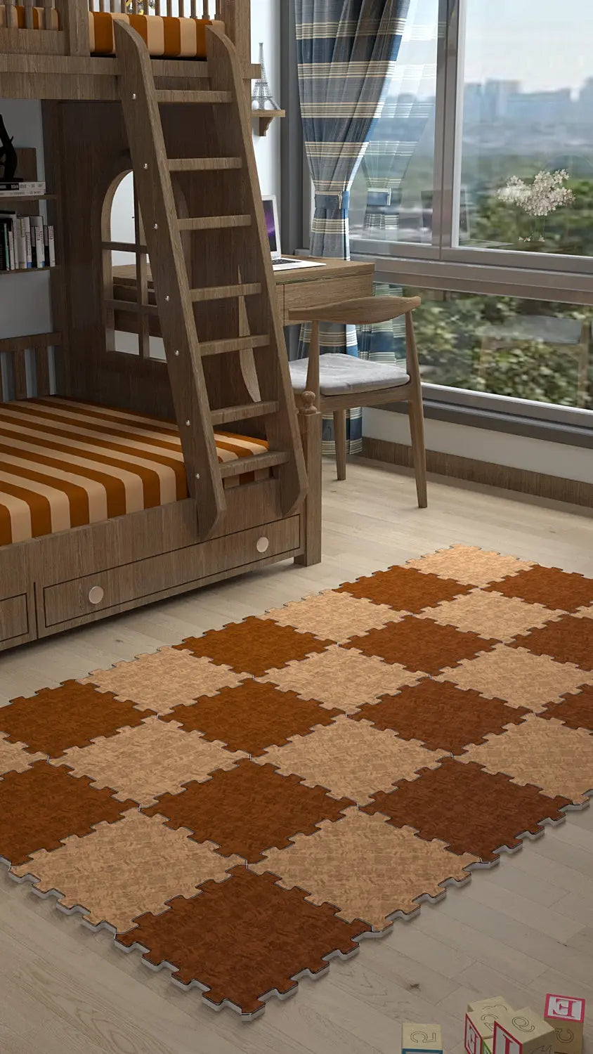 🔳 DECOZEYN Dama Desenli Baskılı Puzzle Yapboz Halı! Taba & Bej Çocuk Odası Decozeyn