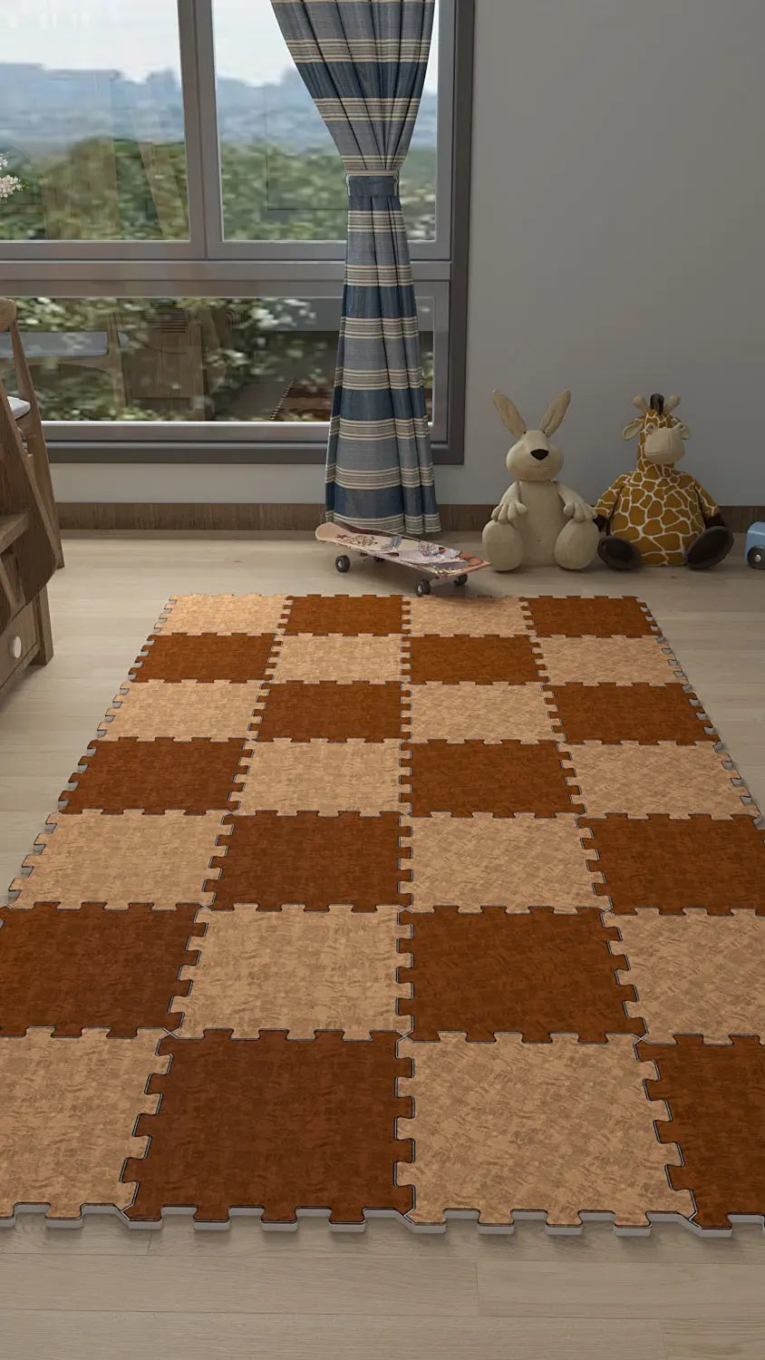 🔳 DECOZEYN Dama Desenli Baskılı Puzzle Yapboz Halı! Taba & Bej Çocuk Odası Decozeyn