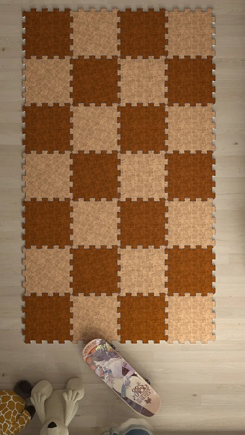 🔳 DECOZEYN Dama Desenli Baskılı Puzzle Yapboz Halı! Taba & Bej Çocuk Odası Decozeyn