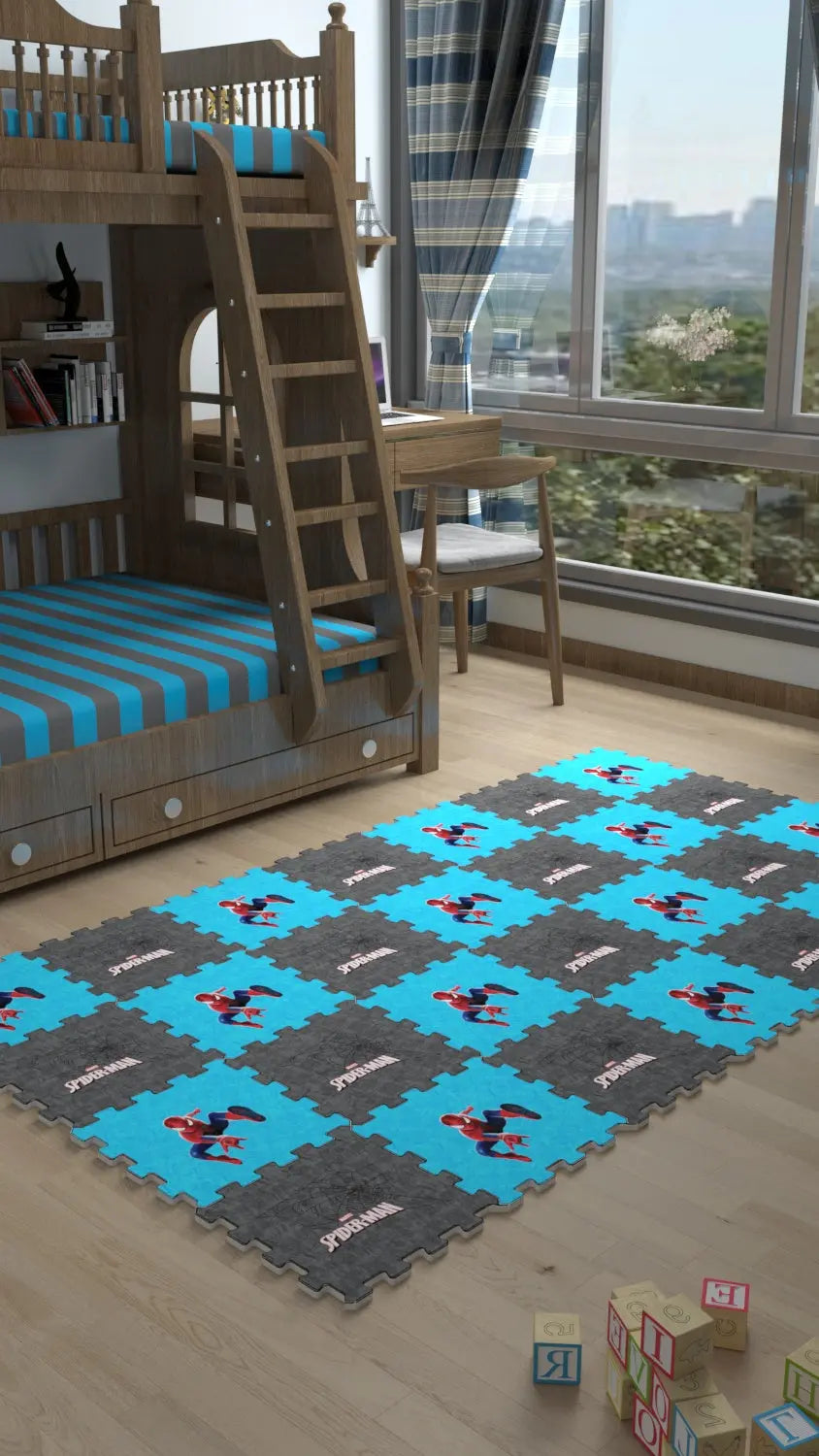 DECOZEYN Spiderman Baskılı Puzzle Yapboz Halı: Mavi & Gri Çocuk Odası Oyun halısı Decozeyn