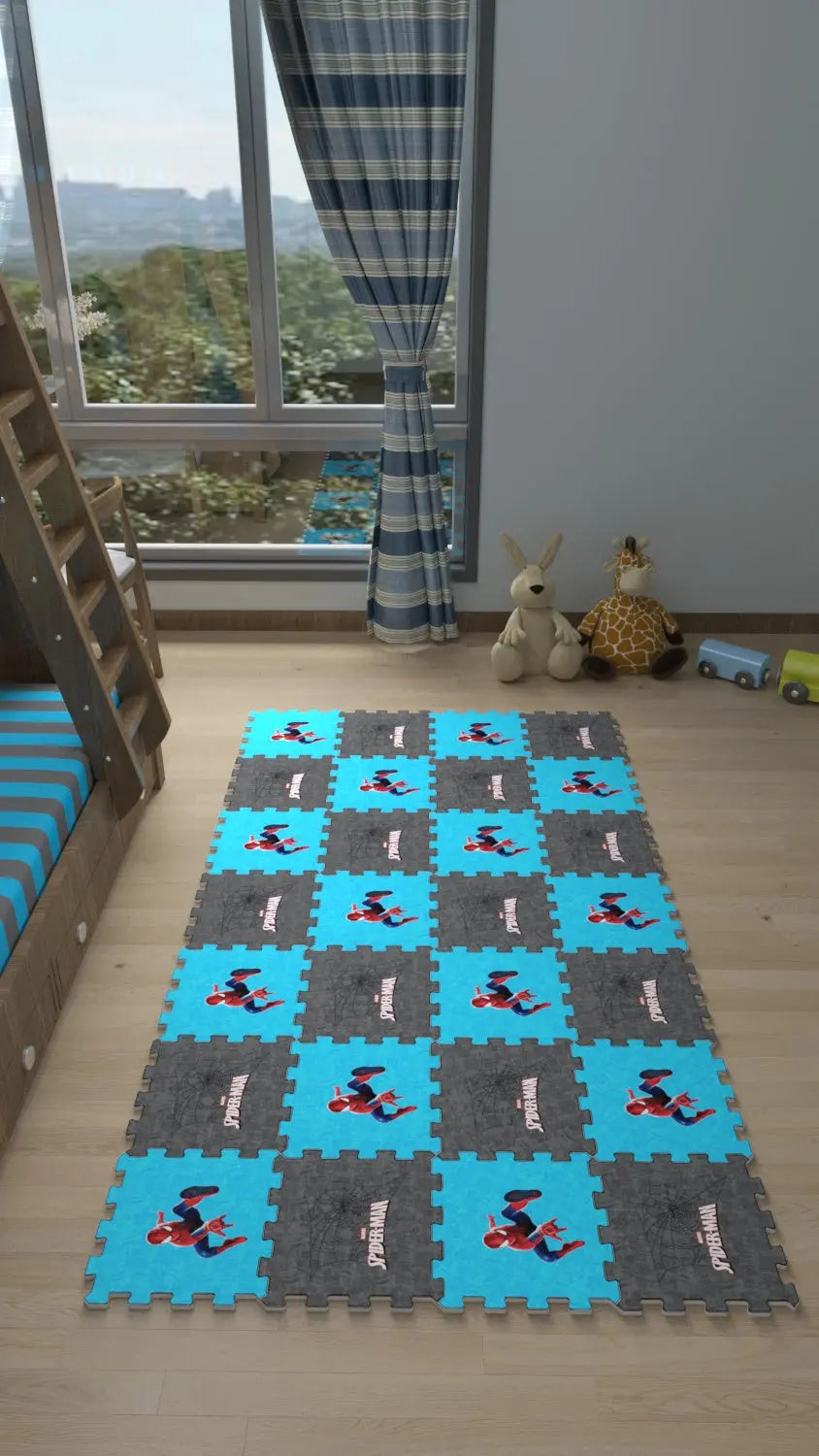 DECOZEYN Spiderman Baskılı Puzzle Yapboz Halı: Mavi & Gri Çocuk Odası Oyun halısı Decozeyn