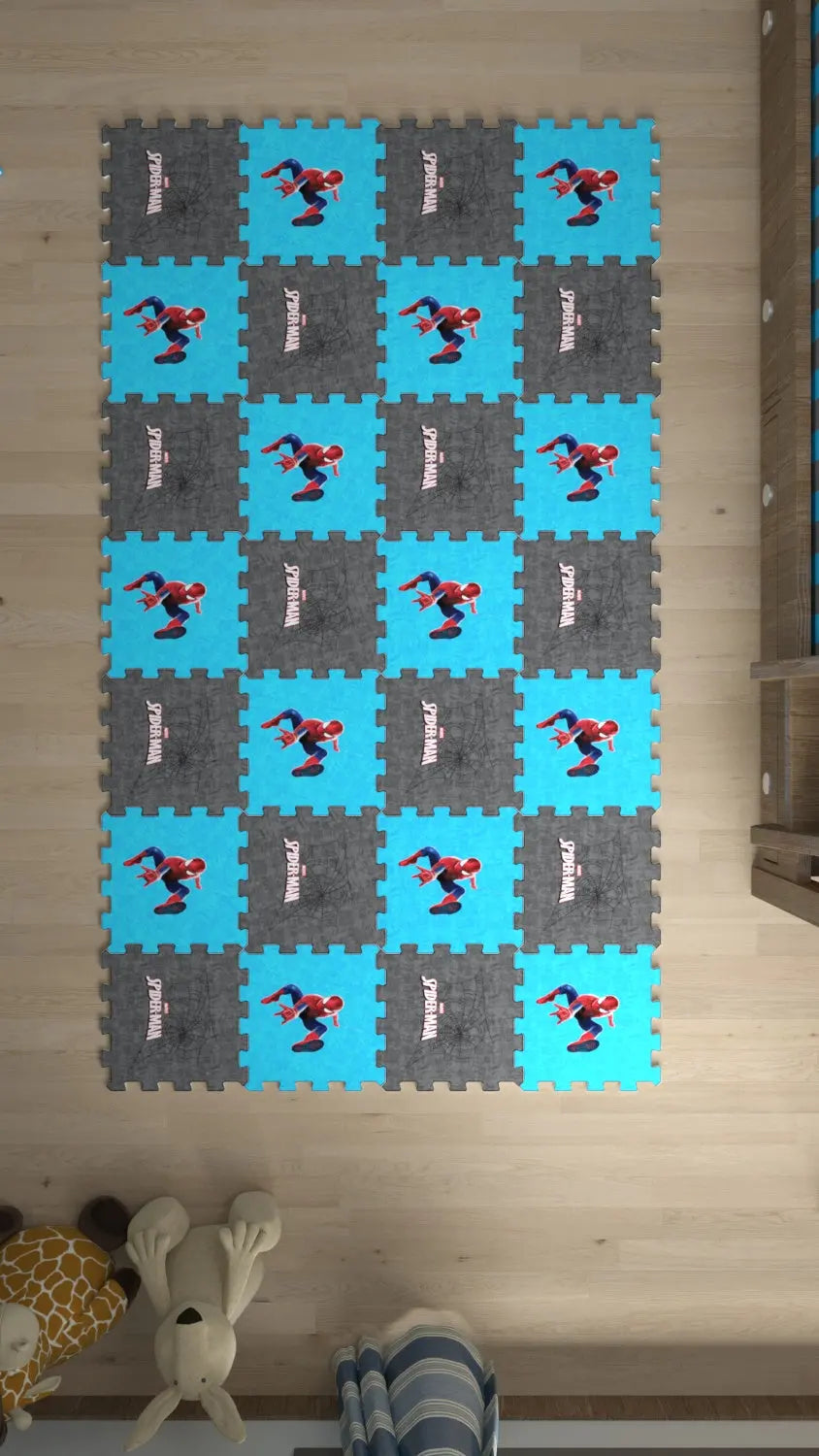 DECOZEYN Spiderman Baskılı Puzzle Yapboz Halı: Mavi & Gri Çocuk Odası Oyun halısı Decozeyn