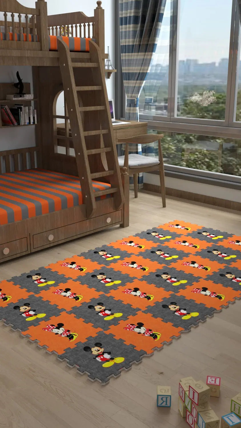 DECOZEYN Mickey & Minnie Mouse Baskılı Puzzle Yapboz Halı! Turuncu & Gri Çocuk Odası Decozeyn