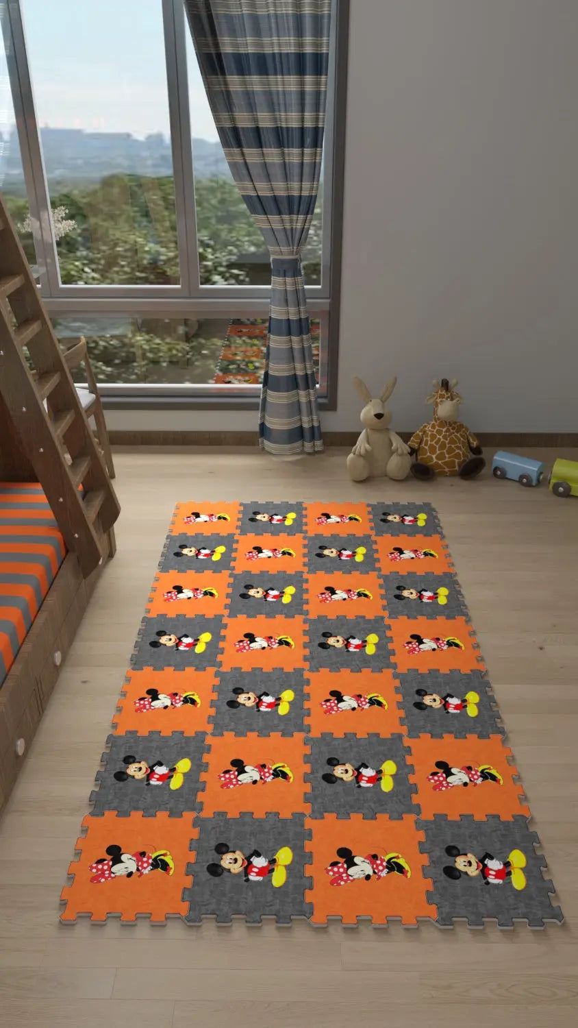 DECOZEYN Mickey & Minnie Mouse Baskılı Puzzle Yapboz Halı! Turuncu & Gri Çocuk Odası Decozeyn