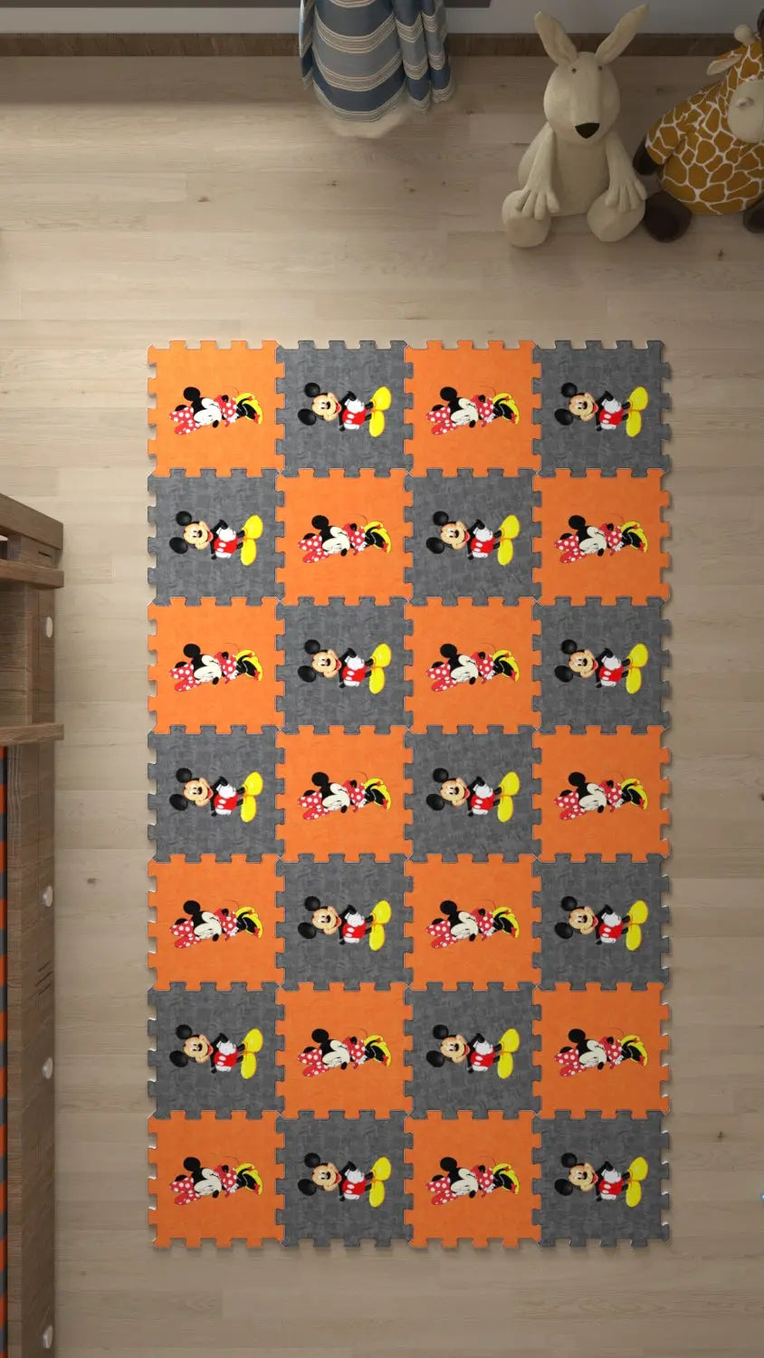 DECOZEYN Mickey & Minnie Mouse Baskılı Puzzle Yapboz Halı! Turuncu & Gri Çocuk Odası Decozeyn