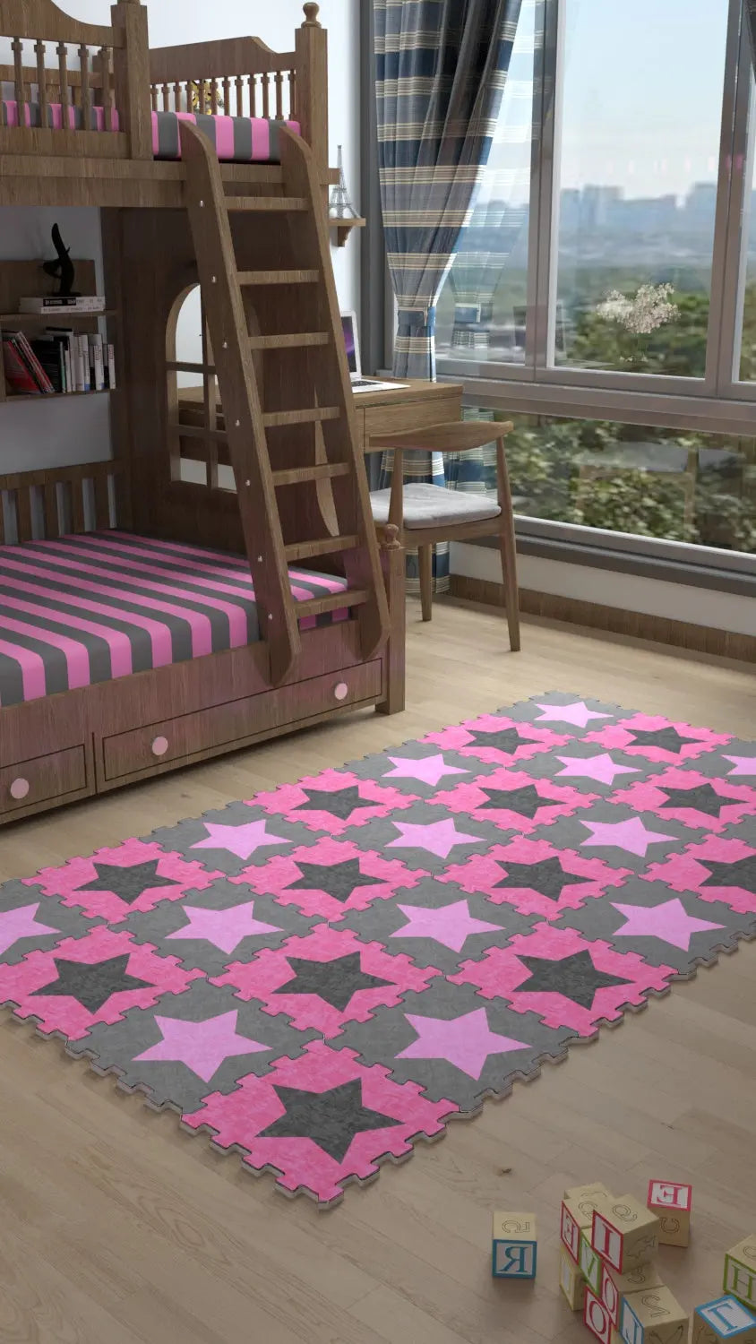 DECOZEYN Yıldız Desenli Baskılı Puzzle Yapboz Halı! Pembe & Gri Çocuk Odası Decozeyn