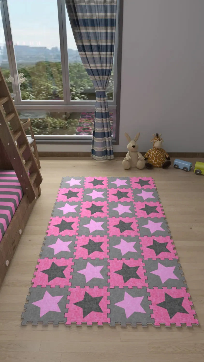 DECOZEYN Yıldız Desenli Baskılı Puzzle Yapboz Halı! Pembe & Gri Çocuk Odası Decozeyn